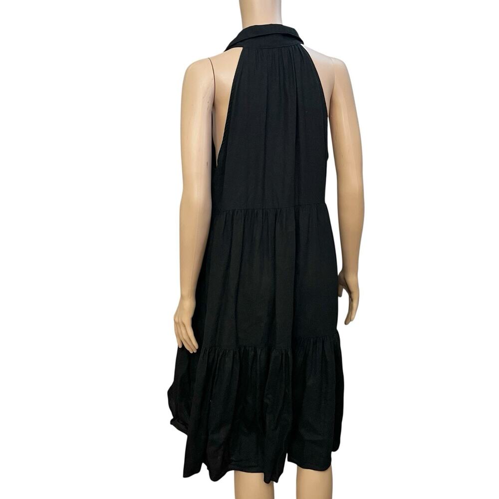 Nicole Miller Linen Blend Swing Dress Large Black Button Down Tiered Boho Casual - Picture 5 of 8